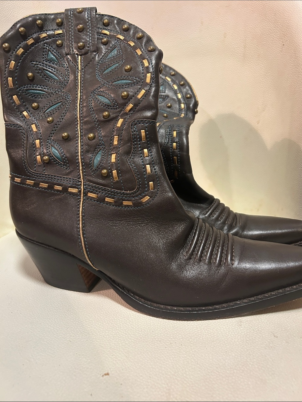 Cole Haan Dark Brown Leather Western Ankle Boots with Teal Stitching & Studs